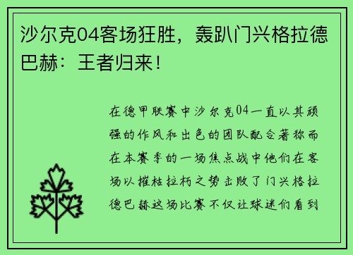 沙尔克04客场狂胜，轰趴门兴格拉德巴赫：王者归来！